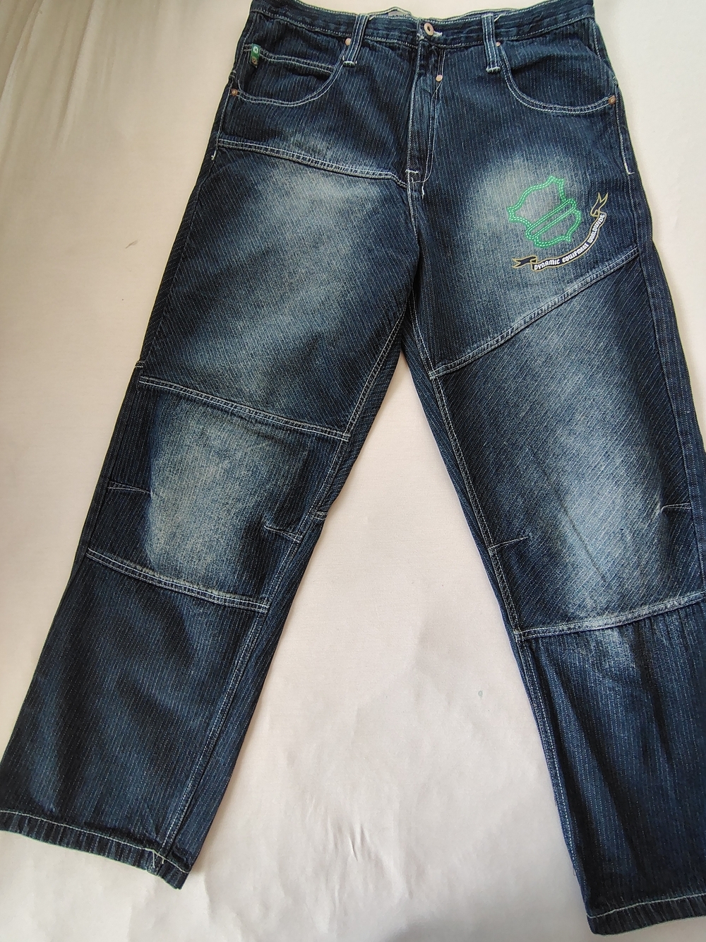 Southpole Men's Dark Blue Washed Denim Jeans with Green Accent Size 40